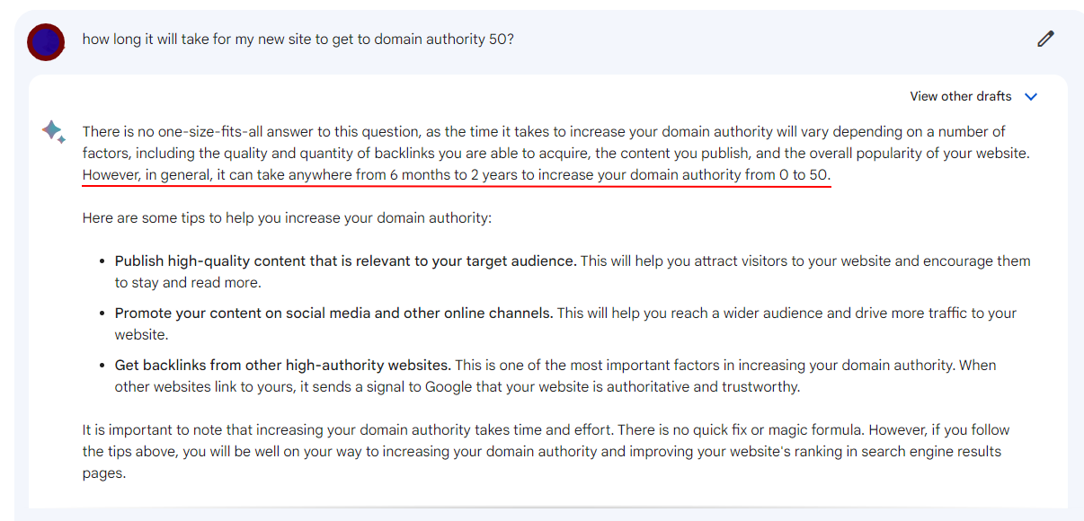 How long increase to sell domain authority
